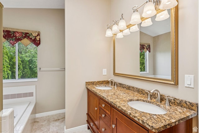 1087 W Barnes Dr, Kaysville, UT 84037 - bathroom with double vanity, a chandelier, and a relaxing tiled tub