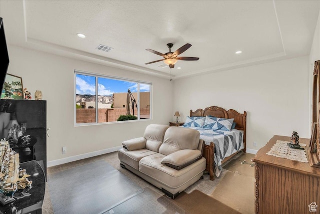 1472 W Pocket Mesa Dr, St George, UT 84770 - bedroom with recessed lighting, a ceiling fan, and a raised ceiling
