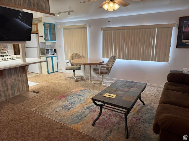 1225 N Dixie Downs Rd Unit 100, St George, UT 84770 - living area featuring a ceiling fan, carpet, and rail lighting