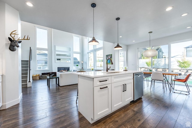 2452 E Lone Hill Dr Unit 324, Draper Ut Cnty, UT 84020 - kitchen with dishwasher, a glass covered fireplace, dark wood-style floors, white cabinets, and recessed lighting