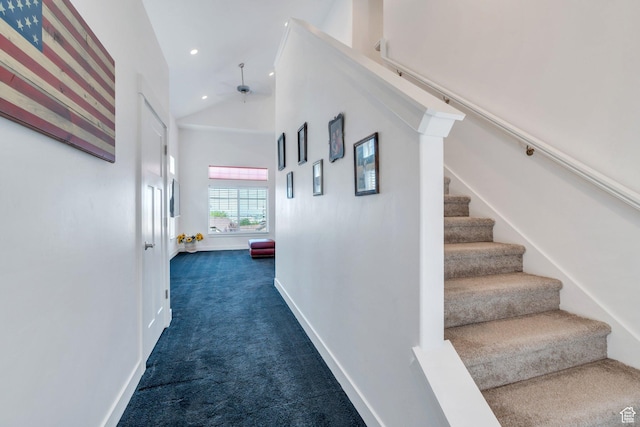 766 S Aspen Cir, Provo, UT 84606 - hall featuring dark carpet, stairway, high vaulted ceiling, and recessed lighting