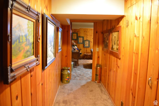 114 W 7th St, Georgetown, ID 83239 - hallway featuring light carpet and wooden walls
