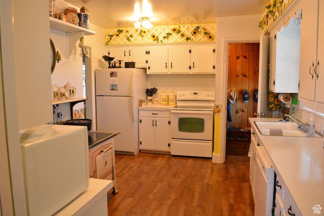 114 W 7th St, Georgetown, ID 83239 - kitchen featuring white appliances, white cabinetry, light countertops, and open shelves