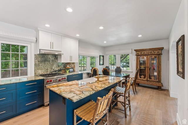 1710 E 900 S, Salt Lake City, UT 84108 - kitchen featuring high end stainless steel range oven, light wood-type flooring, white cabinets, recessed lighting, and light stone counters