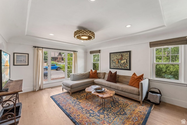1710 E 900 S, Salt Lake City, UT 84108 - living room featuring a raised ceiling, light wood-style flooring, and recessed lighting