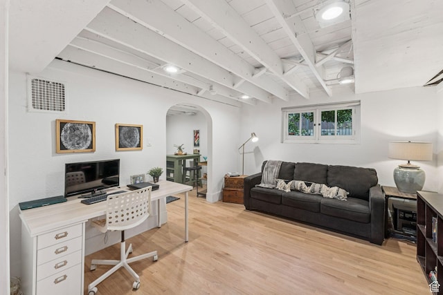 1710 E 900 S, Salt Lake City, UT 84108 - home office with arched walkways, light wood finished floors, and beamed ceiling
