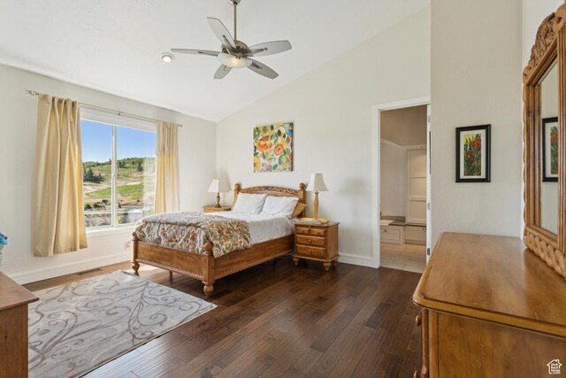 3922 View Pointe Dr, Park City, UT 84098 - bedroom with dark wood-style floors, high vaulted ceiling, and ceiling fan