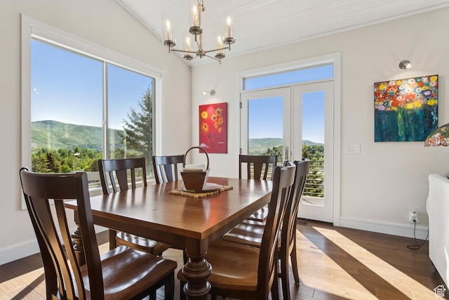 3922 View Pointe Dr, Park City, UT 84098 - dining space with a mountain view, a chandelier, plenty of natural light, and wood finished floors