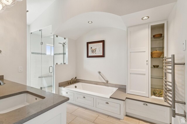 3922 View Pointe Dr, Park City, UT 84098 - bathroom featuring a garden tub, a shower stall, vanity, recessed lighting, and lofted ceiling