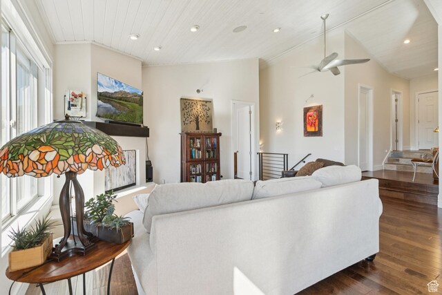 3922 View Pointe Dr, Park City, UT 84098 - living area with dark wood-type flooring, recessed lighting, a ceiling fan, lofted ceiling, and wood ceiling