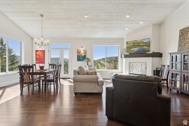 3922 View Pointe Dr, Park City, UT 84098 - living area with plenty of natural light, a chandelier, wood ceiling, and dark wood-style floors