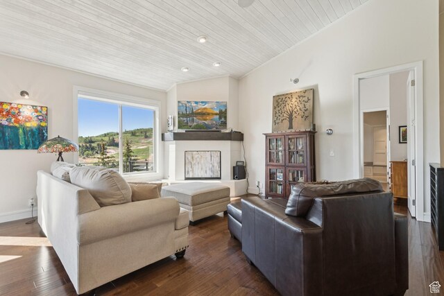 3922 View Pointe Dr, Park City, UT 84098 - living area featuring lofted ceiling, wood ceiling, dark wood-style floors, and recessed lighting