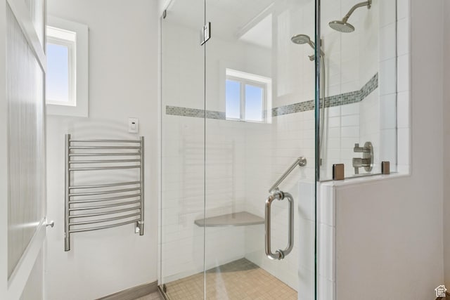 3922 View Pointe Dr, Park City, UT 84098 - bathroom with radiator heating unit, a shower stall, and a towel warmer