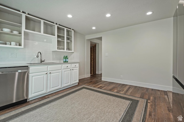 7669 S 1130 E, Midvale, UT 84047 - kitchen with dishwasher, dark wood-style floors, decorative backsplash, light countertops, and recessed lighting