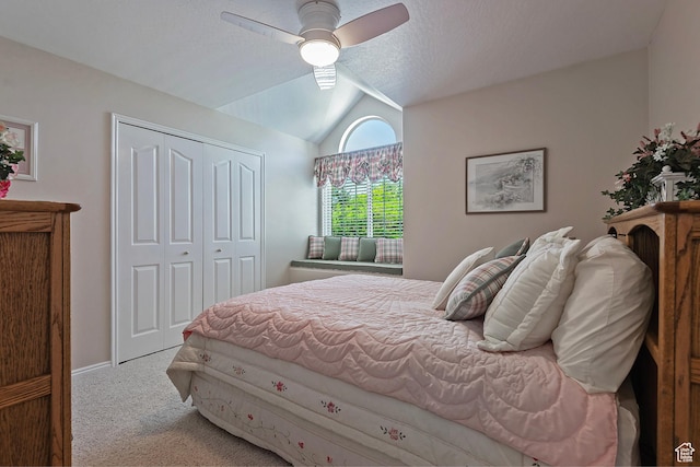 1222 E Big Pine Cir, Sandy, UT 84094 - bedroom featuring carpet, a closet, vaulted ceiling, and a ceiling fan