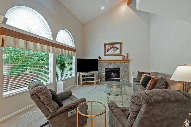 1222 E Big Pine Cir, Sandy, UT 84094 - carpeted living area featuring high vaulted ceiling and a glass covered fireplace
