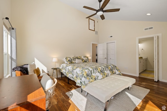 3569 E Avondale Dr S, Cottonwood Heights, UT 84121 - bedroom featuring high vaulted ceiling, wood finished floors, ensuite bath, and ceiling fan