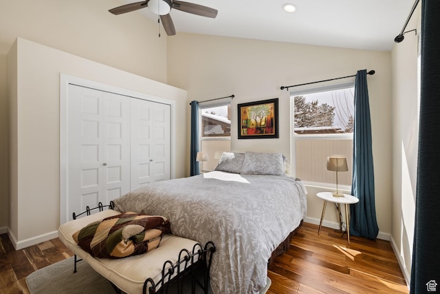 3569 E Avondale Dr S, Cottonwood Heights, UT 84121 - bedroom featuring lofted ceiling, a closet, wood finished floors, and a ceiling fan
