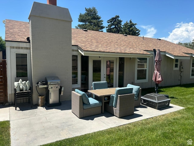 3569 E Avondale Dr S, Cottonwood Heights, UT 84121 - back of house featuring a patio, a shingled roof, french doors, a chimney, and a lawn