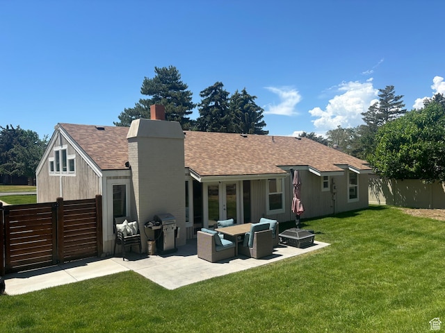 3569 E Avondale Dr S, Cottonwood Heights, UT 84121 - back of property featuring a shingled roof, a chimney, and a patio area