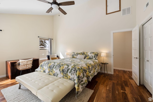 3569 E Avondale Dr S, Cottonwood Heights, UT 84121 - bedroom with high vaulted ceiling, wood finished floors, and a ceiling fan
