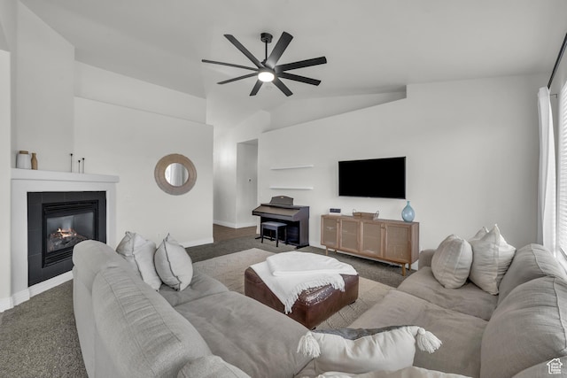 86 W 1965 S, Washington, UT 84780 - living room with ceiling fan, carpet, a fireplace, and lofted ceiling