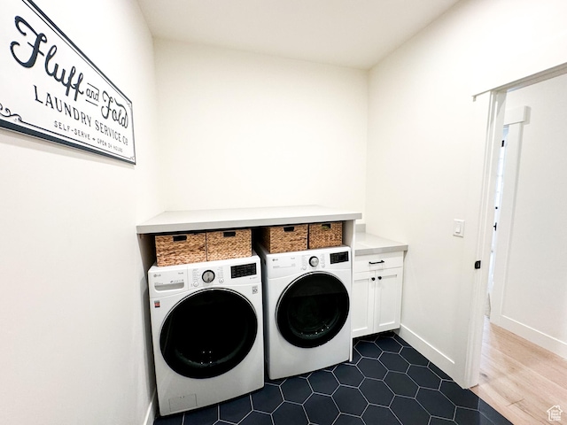 5469 N Meadow Lark Ln, Lehi, UT 84043 - laundry area featuring cabinet space, washer and clothes dryer, and dark tile patterned floors