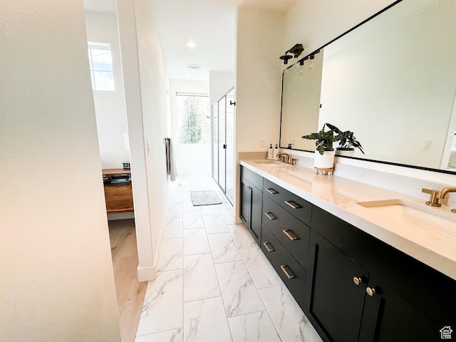 5469 N Meadow Lark Ln, Lehi, UT 84043 - bathroom with a shower stall, double vanity, marble finish flooring, and recessed lighting
