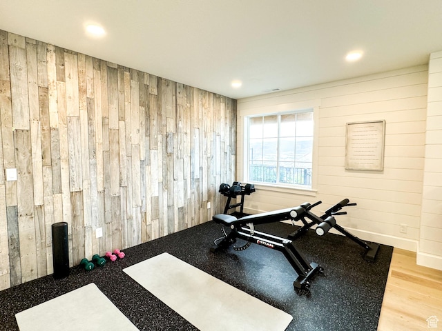 5469 N Meadow Lark Ln, Lehi, UT 84043 - exercise room featuring wooden walls and recessed lighting