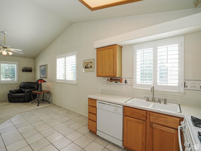 3988 W Sugar Beet Dr S, West Valley City, UT 84120 - kitchen featuring white appliances, plenty of natural light, vaulted ceiling, open floor plan, and ceiling fan
