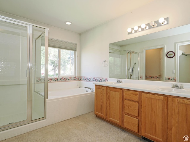 3988 W Sugar Beet Dr S, West Valley City, UT 84120 - full bathroom with a shower stall, double vanity, a bath, and carpet