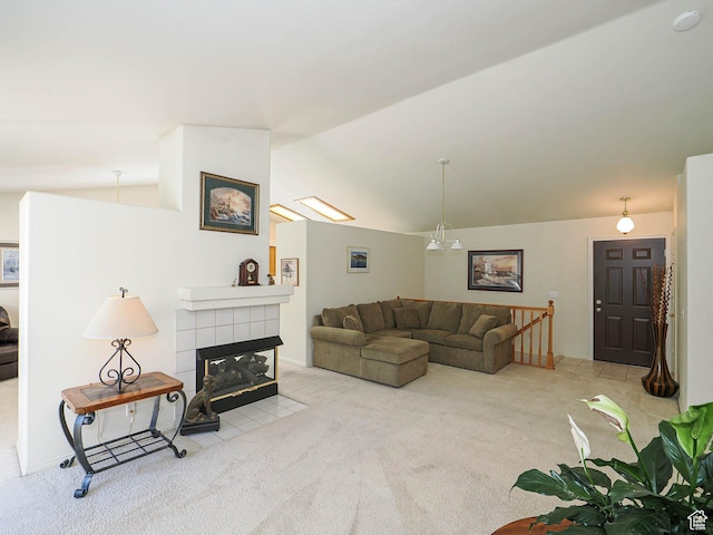 3988 W Sugar Beet Dr S, West Valley City, UT 84120 - carpeted living room with vaulted ceiling and a fireplace