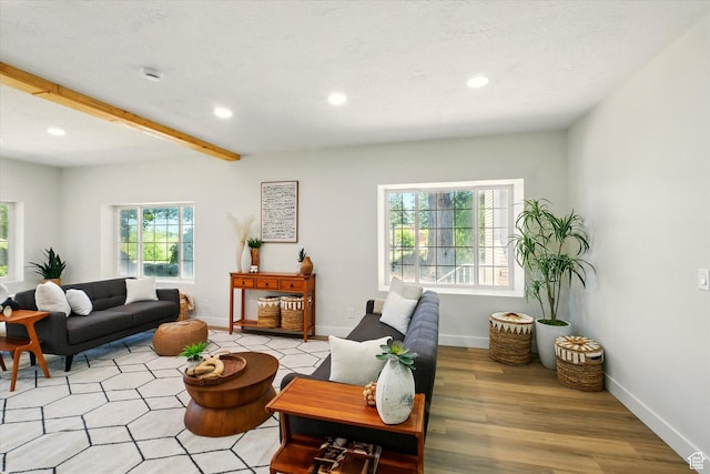 1655 W 2200 S, College Ward, UT 84339 - living room featuring recessed lighting, light wood-style flooring, and beamed ceiling