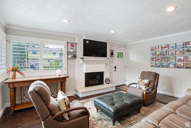 149 E 800 N, Bountiful, UT 84010 - living room with a textured ceiling, ornamental molding, wood finished floors, a fireplace, and recessed lighting