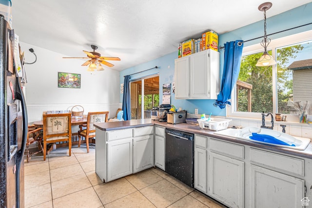 462 E 370 N, Delta, UT 84624 - kitchen featuring black dishwasher, a peninsula, ceiling fan, hanging light fixtures, and white cabinets