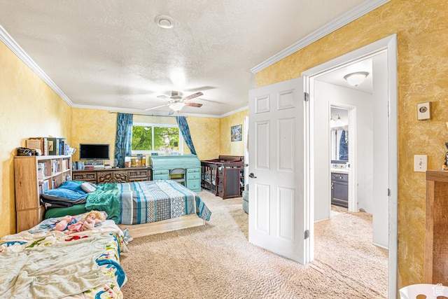 462 E 370 N, Delta, UT 84624 - bedroom with carpet floors, crown molding, a textured ceiling, wallpapered walls, and a ceiling fan