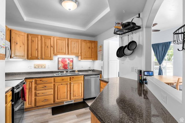 1738 N Brett St, Tooele, UT 84074 - kitchen featuring stainless steel appliances, a raised ceiling, and light wood-style flooring