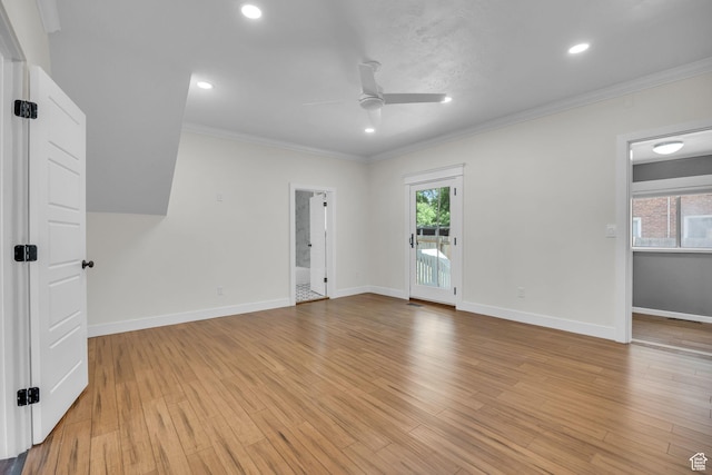 2546 S Fowler, Ogden, UT 84401 - spare room featuring a ceiling fan, crown molding, light wood finished floors, and recessed lighting