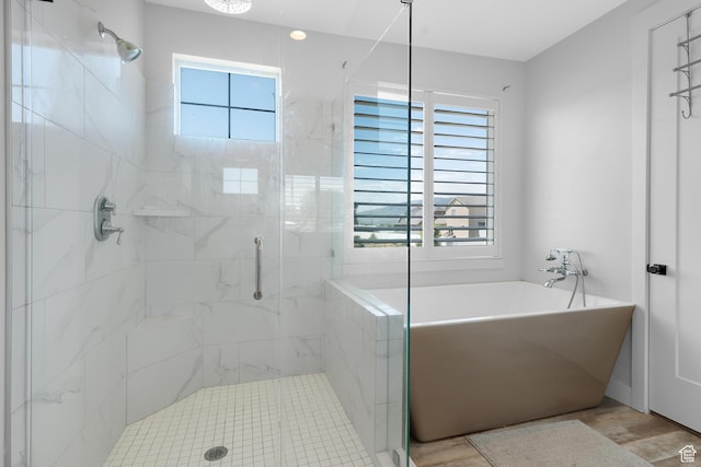 1872 S 250 W, Lehi, UT 84043 - bathroom featuring a stall shower, a freestanding bath, and wood finished floors