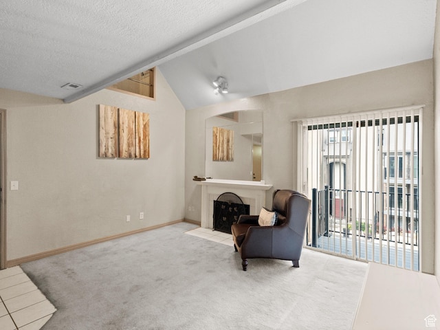 5320 S 570 E Unit L, Salt Lake City, UT 84107 - sitting room featuring vaulted ceiling, carpet flooring, a fireplace, and a textured ceiling