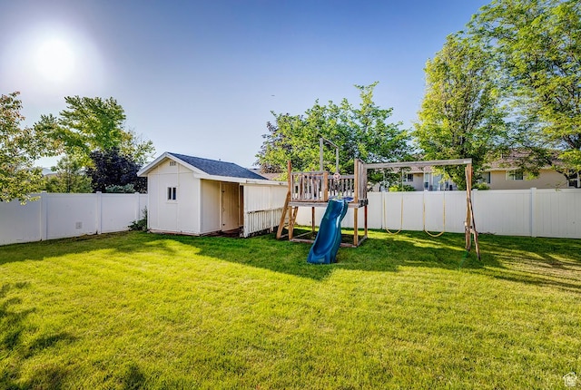 4689 W Nebo Dr S, West Jordan, UT 84088 - fenced backyard with a playground and a storage shed