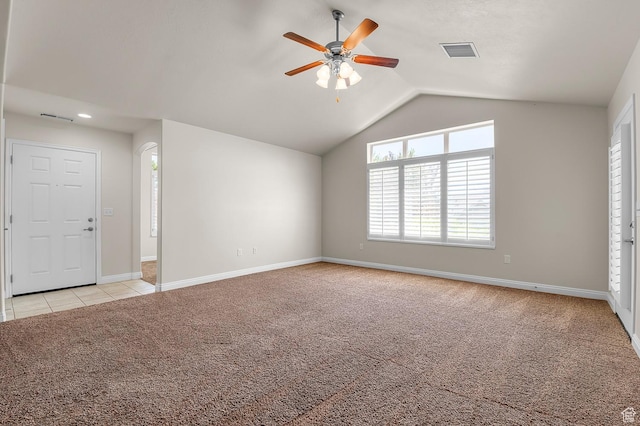 9213 S 2040 W Unit C, West Jordan, UT 84088 - unfurnished living room with light carpet, a ceiling fan, and lofted ceiling