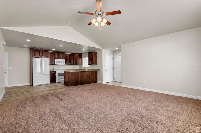 9213 S 2040 W Unit C, West Jordan, UT 84088 - kitchen with white appliances, open floor plan, recessed lighting, ceiling fan, and light countertops