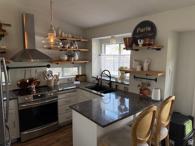 334 W 100 N, Clearfield, UT 84015 - kitchen featuring stainless steel electric stove, open shelves, wall chimney exhaust hood, and white cabinets