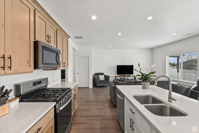 4113 S 3560 W, West Haven, UT 84401 - kitchen featuring stainless steel appliances, light countertops, open floor plan, dark wood finished floors, and light brown cabinetry