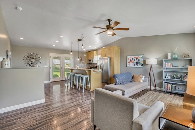 470 Hiland Rd, Ogden, UT 84404 - living room featuring a ceiling fan, dark wood finished floors, recessed lighting, and vaulted ceiling