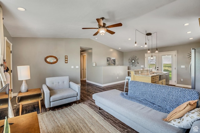470 Hiland Rd, Ogden, UT 84404 - living room with ceiling fan, dark wood-style flooring, recessed lighting, and vaulted ceiling