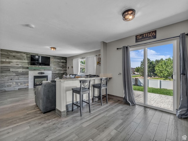6238 W 8235 S, West Jordan, UT 84084 - living room with wood finished floors, a glass covered fireplace, and wood walls