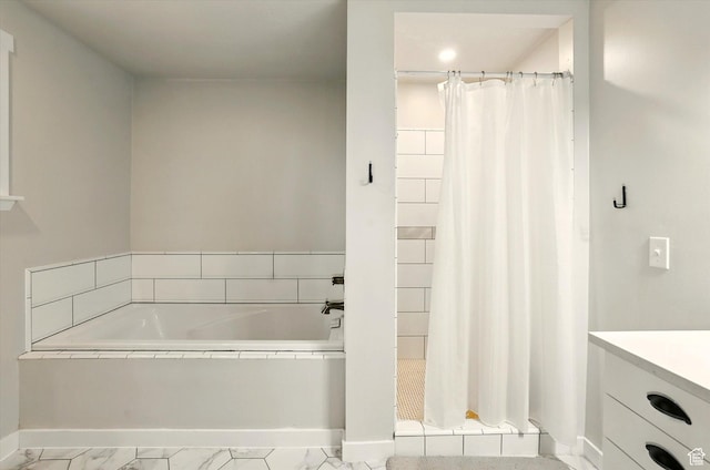 12800 N 1200 E, Cove, UT 84320 - full bath featuring a shower stall, a garden tub, marble look tiles, and vanity