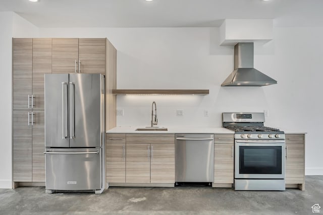 877 S 200 W Unit 212, Salt Lake City, UT 84101 - kitchen with stainless steel appliances, wall chimney exhaust hood, modern cabinets, concrete flooring, and light countertops